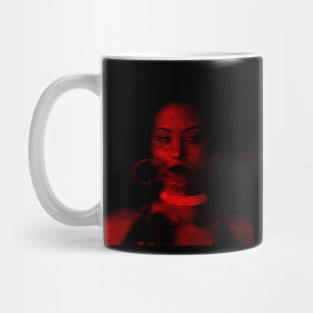 Beautiful girl, red light, motion blur, jewelry. Beautiful and dark. Mug